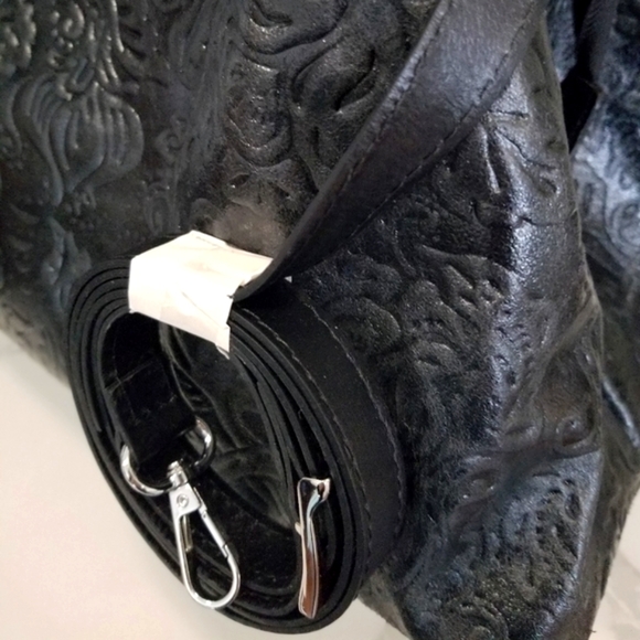 NWT 🇮🇹 Isadora Italian Black Tooled Floral Leather Large Satchel Tote Bag - Picture 12 of 13